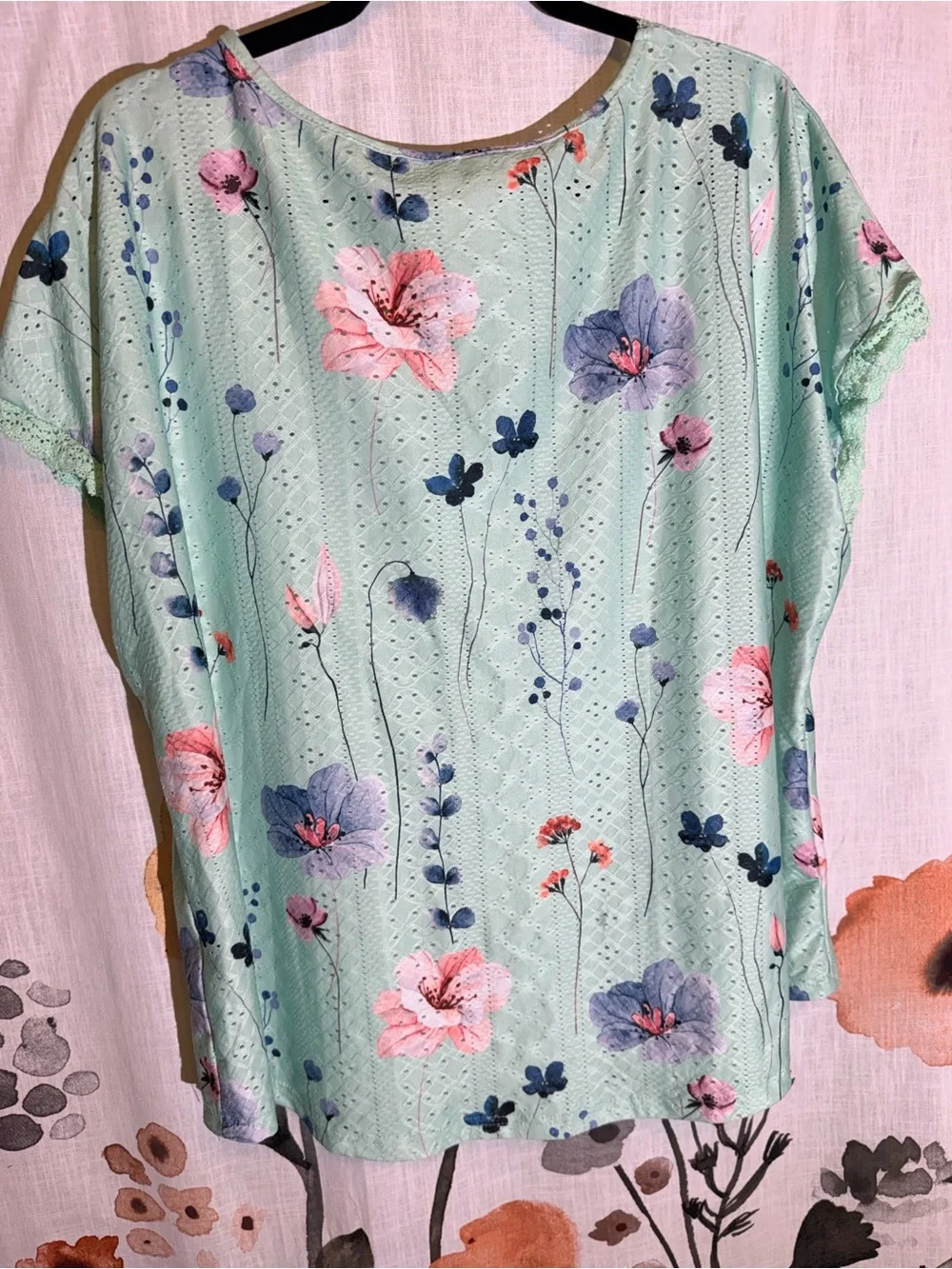 SHEIN Mint Floral V-Neck Crochet-Trim Top - Picture 11 of 14